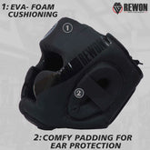 Rewon black boxing headgear with EVA foam cushioning and ear protection for MMA and kickboxing.